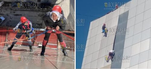 Альпинисты ремонтируют здание в Разлоге