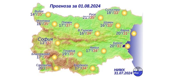 1 августа 2024 года погода в Болгарии